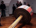 ELLA SI PUNGERA’ IL DITO CON IL FUSO DI UN ARCOLAIO E MORRA’, tessuto e legno, cm 130x350x120, 2012
